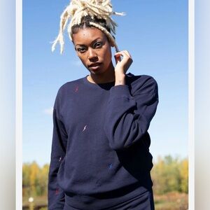 Love Stitch Dark Blue Sweater with embroidered Multicolor Bolt Accents